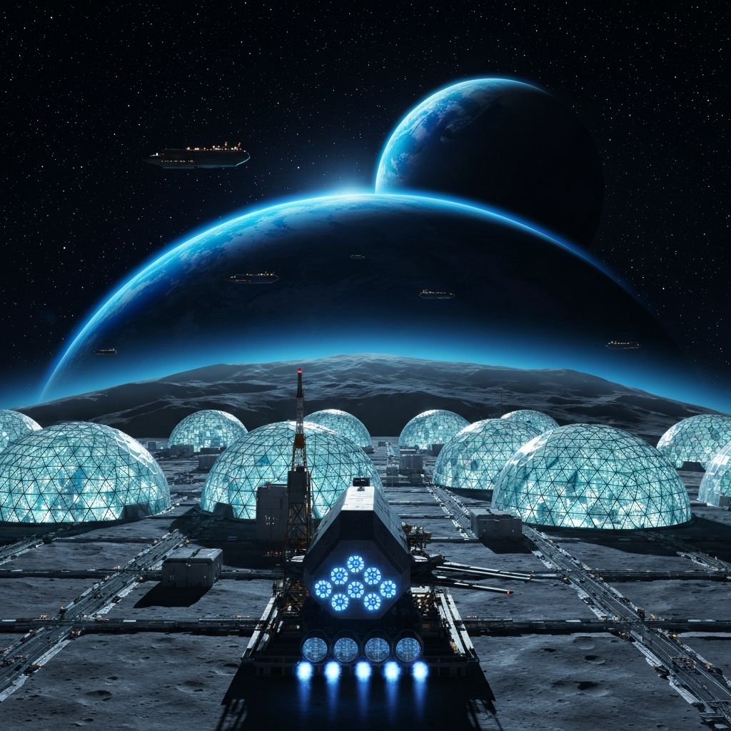 Futuristic Moon base with glowing terra domes, polygonal spacecraft with hexagonal engine clusters, and Earth rising on the horizon